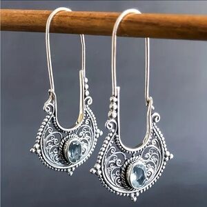 S925 Sterling Silver Plated Boho Dangle Earrings with Aqua Blue Topaz Zircon